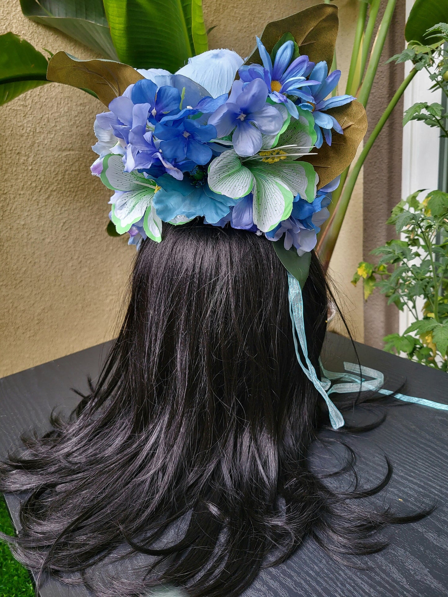 Magical Lagoon Headdress Blue Flower Crown Ribbons Green Leaves Enchanted Fairy Headpiece Festival Cosplay Mermaid Faerie Costume Floral
