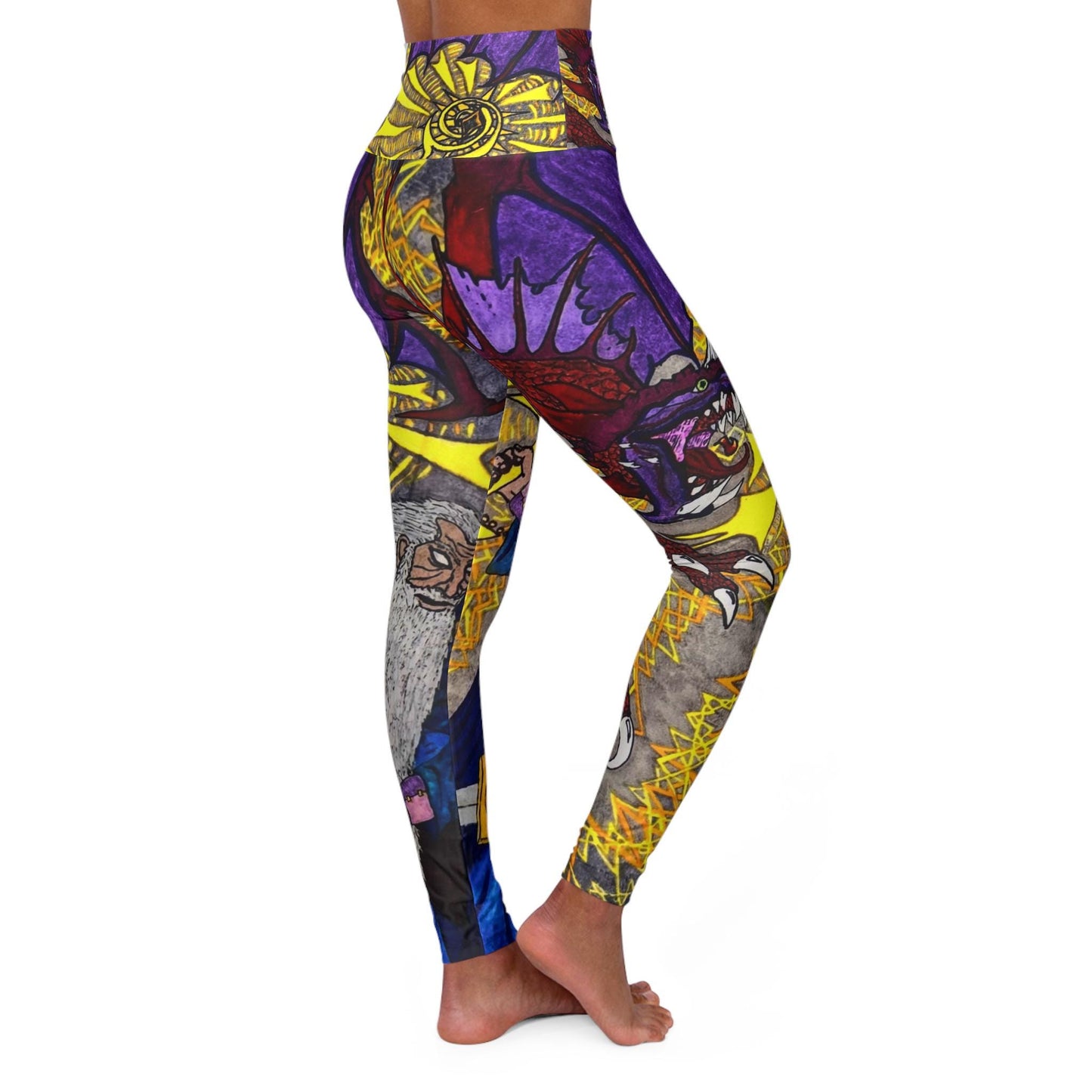 Hand Drawn Wizard Dragon All Over Print High Waisted Yoga Leggings