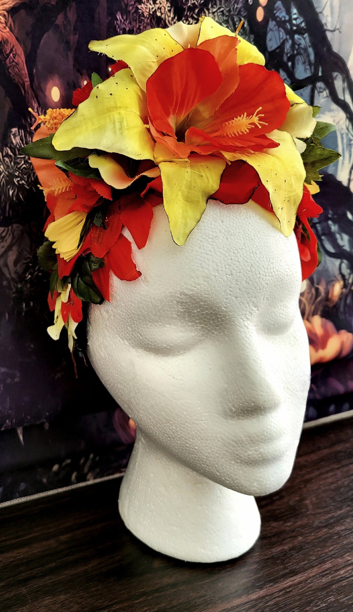 Reversible Fiesta Dia De Los Muertos Headdress Red Hibiscus Yellow Flower Crown Green Leaves Lily Festival Costume Headpiece