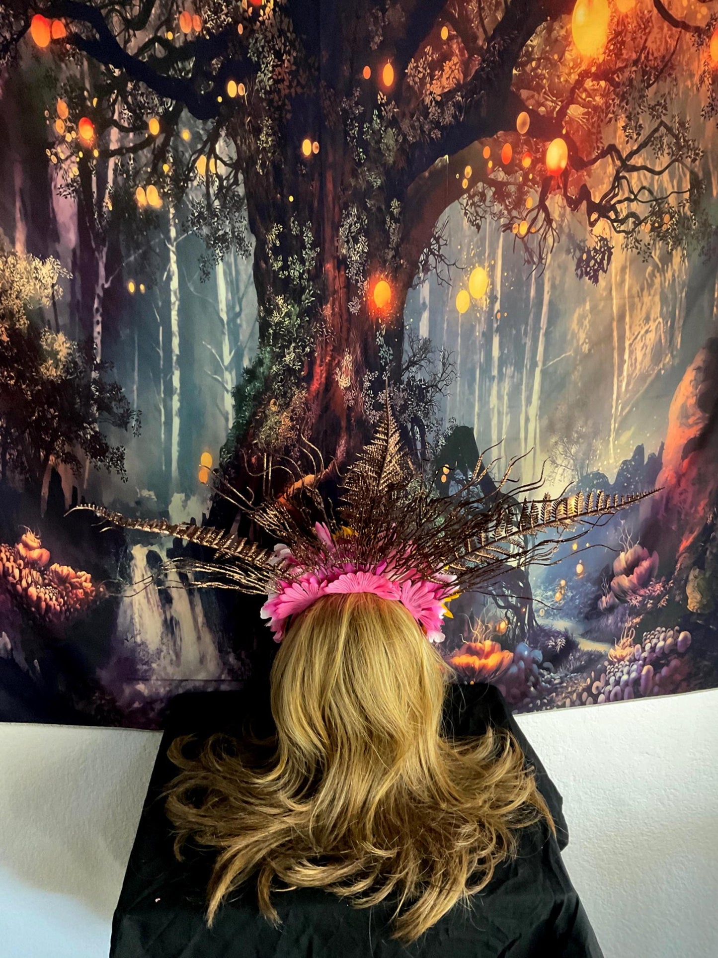 Mother Gaia Headdress Sunflower Pink Flower Crown with Ferns Green Leaves Earth Goddess Fairy Headpiece Festival Cosplay Nature Costume