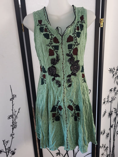 Embroidered Forest Faerie Dress Green Sleeveless Fairy Black & Brown Floral Embroidery V-Neck Knee Length Flared Skirt Cottagecore Fantasy
