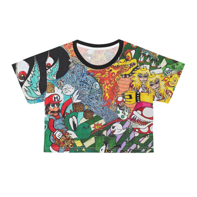 Hand Drawn Retro Mario Game Mashup Crop Tee Top Trippy Festival Gift Videogame All-Over Print