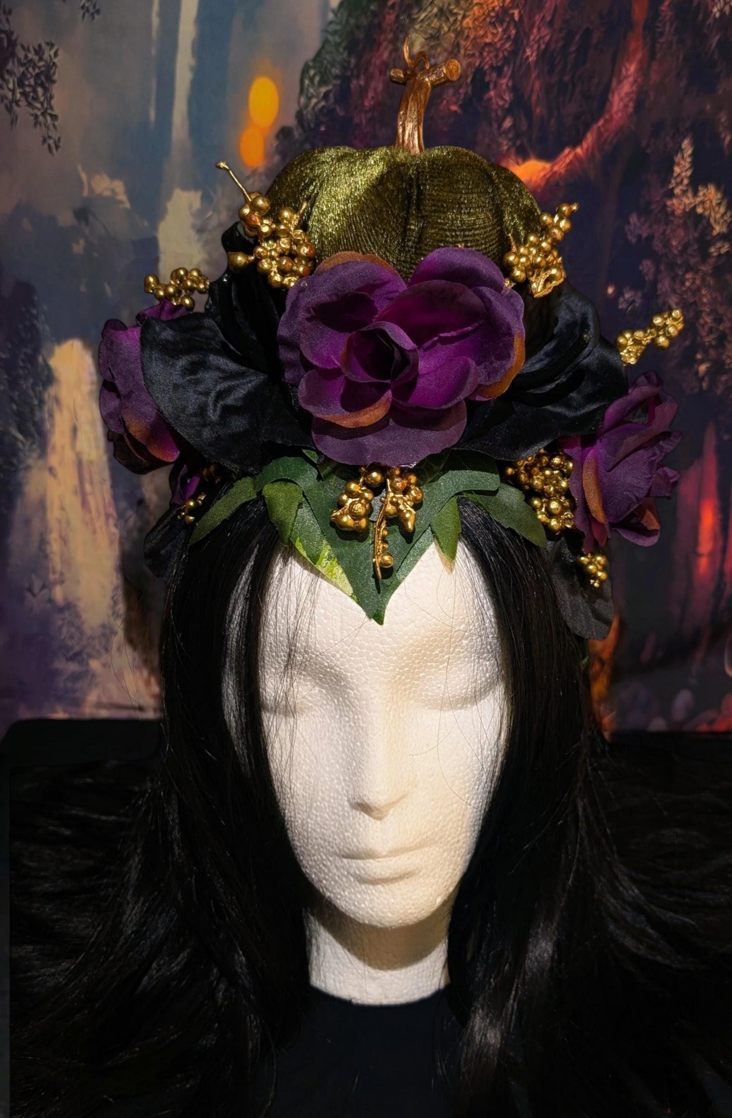 Nightshade Green Pumpkin Headdress Violet Rose Gold Berry Crown Autumn Faerie Headpiece Fall Harvest Wedding Hair Accessory Woodland Leaves