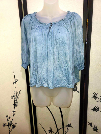 Periwinkle Peasant Top Light Blue Blouse Ruffled Neckline Single Button Closure 3/4 Sleeve Gathered Cuff Boho Cottagecore Festival Shirt