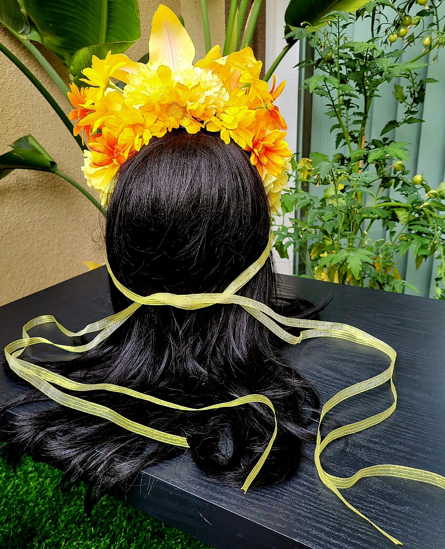 FaeYellow Fairy Headdress Sunflower Lily Flower Crown with Golden Beads & Ribbons Fantasy Festival Headpiece Faerie Costume Cosplay Wedding