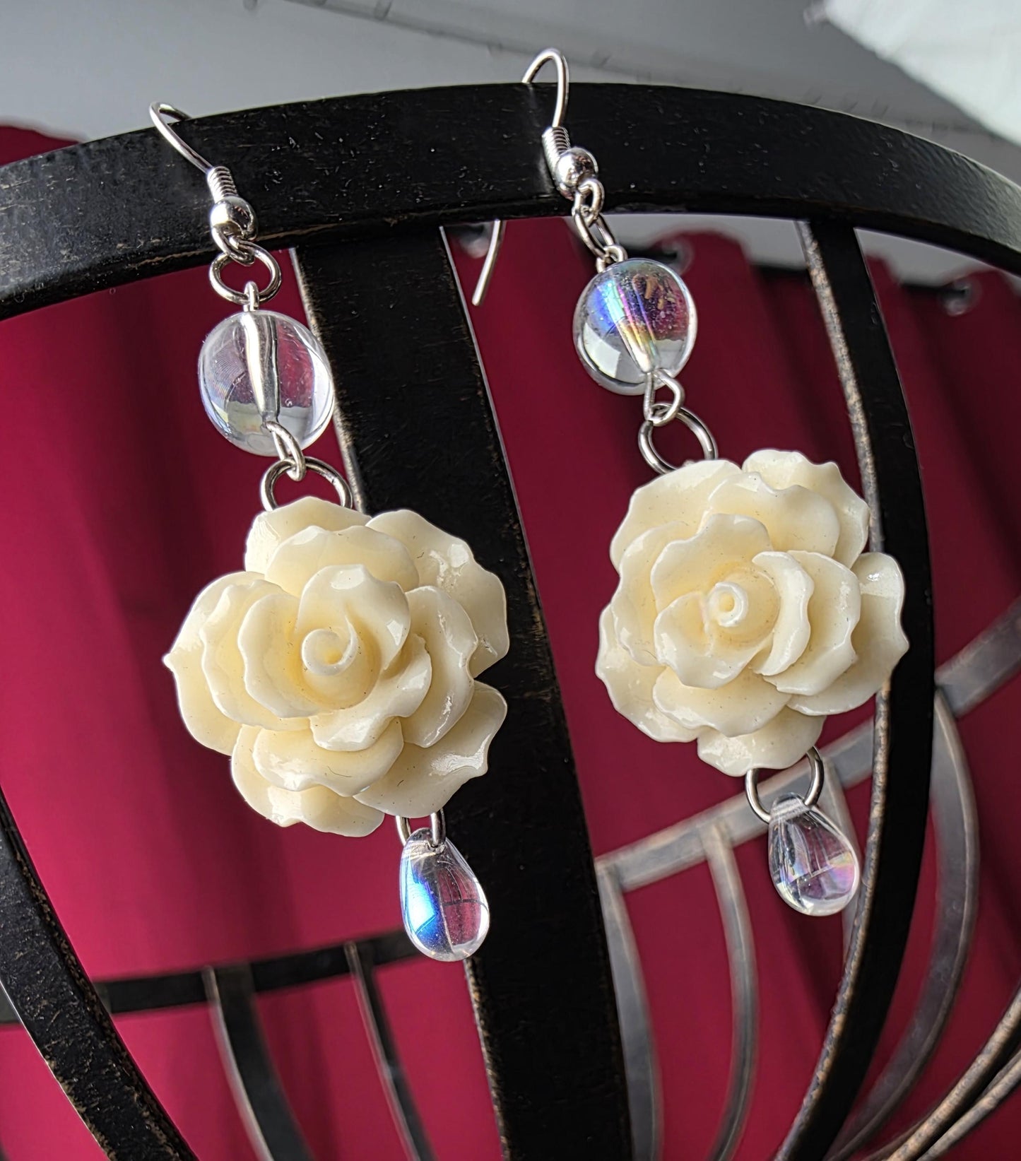White Rosewater Earrings Dangle White Rose Charm Clear Iridescent Crystal Bead Romantic Floral Jewelry Boho Festival Accessory Tear Drop
