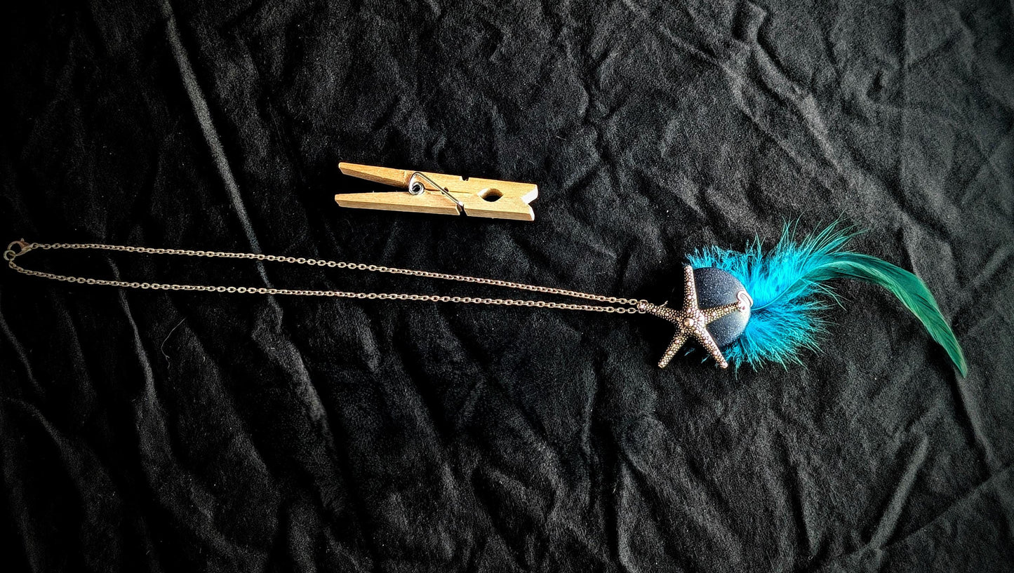 Wild Siren Pendant Necklace Starfish Charm Blue Gem Green Feather Ocean Fantasy Jewelry Mermaid Sea Goddess Festival Accessory