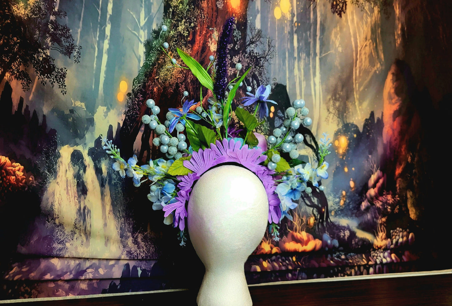 Faerie Goddess Headdress Floral Crown Purple Blue White Flower Headpiece Fantasy Fairy Headband Bubbles Festival Wedding Cosplay Costume