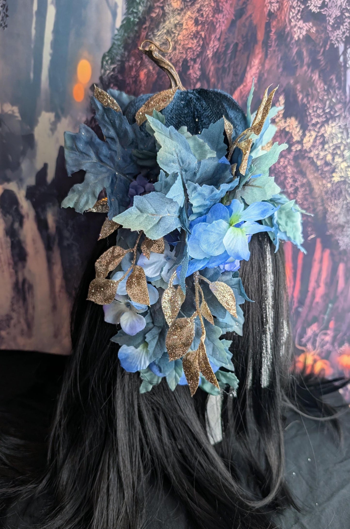 Reversible Blue Pumpkin Queen Headdress Fantasy Halloween Crown Maple Leaf Headpiece Autumn Wedding Tiara Fairy Costume Fall Bride Bridal