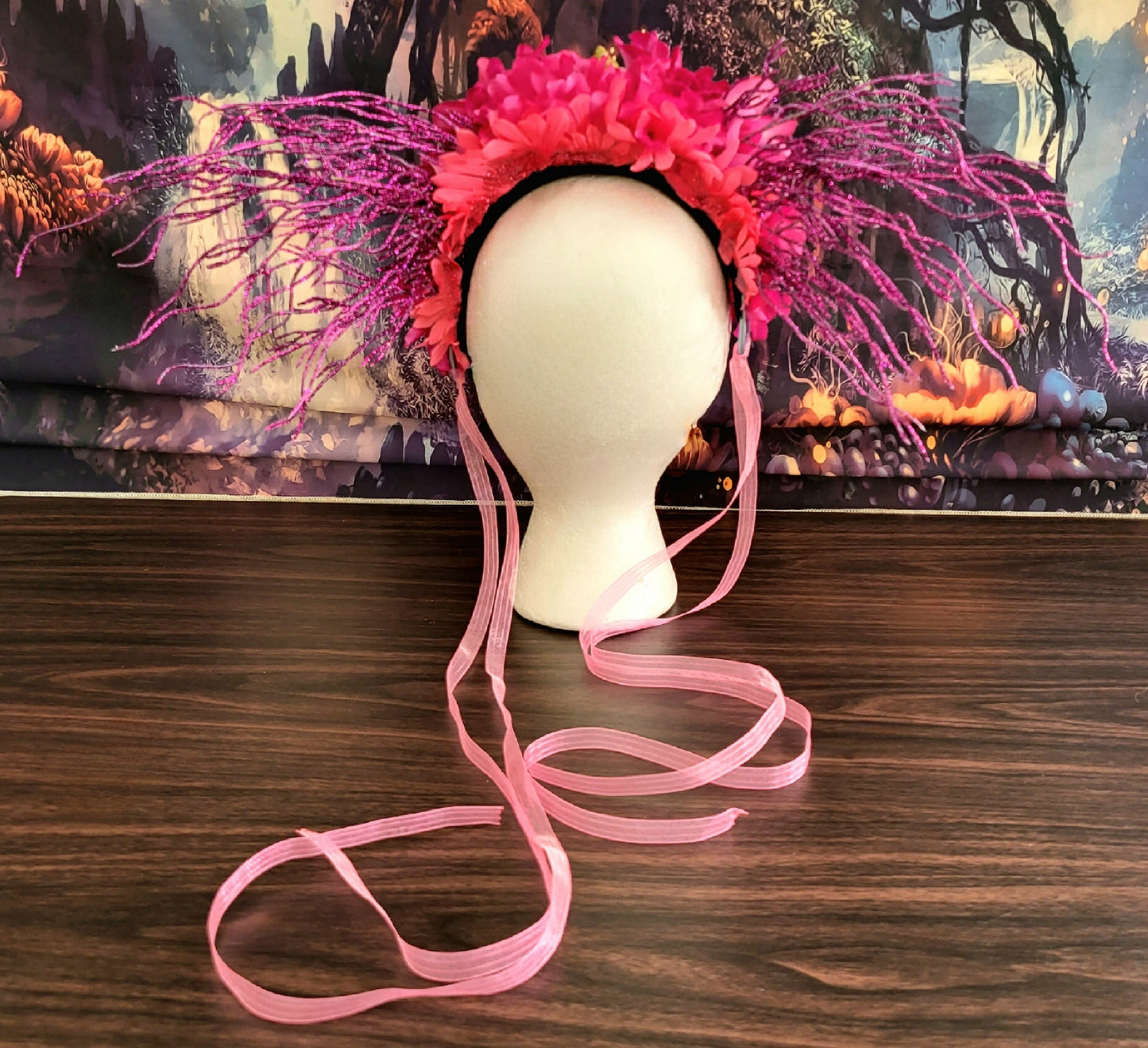 Unicorn Queen Headdress Hot Pink Flower Crown Gold Dragon Horns Fantasy Cosplay Headpiece Festival Costume Fairycore Faerie Accessories
