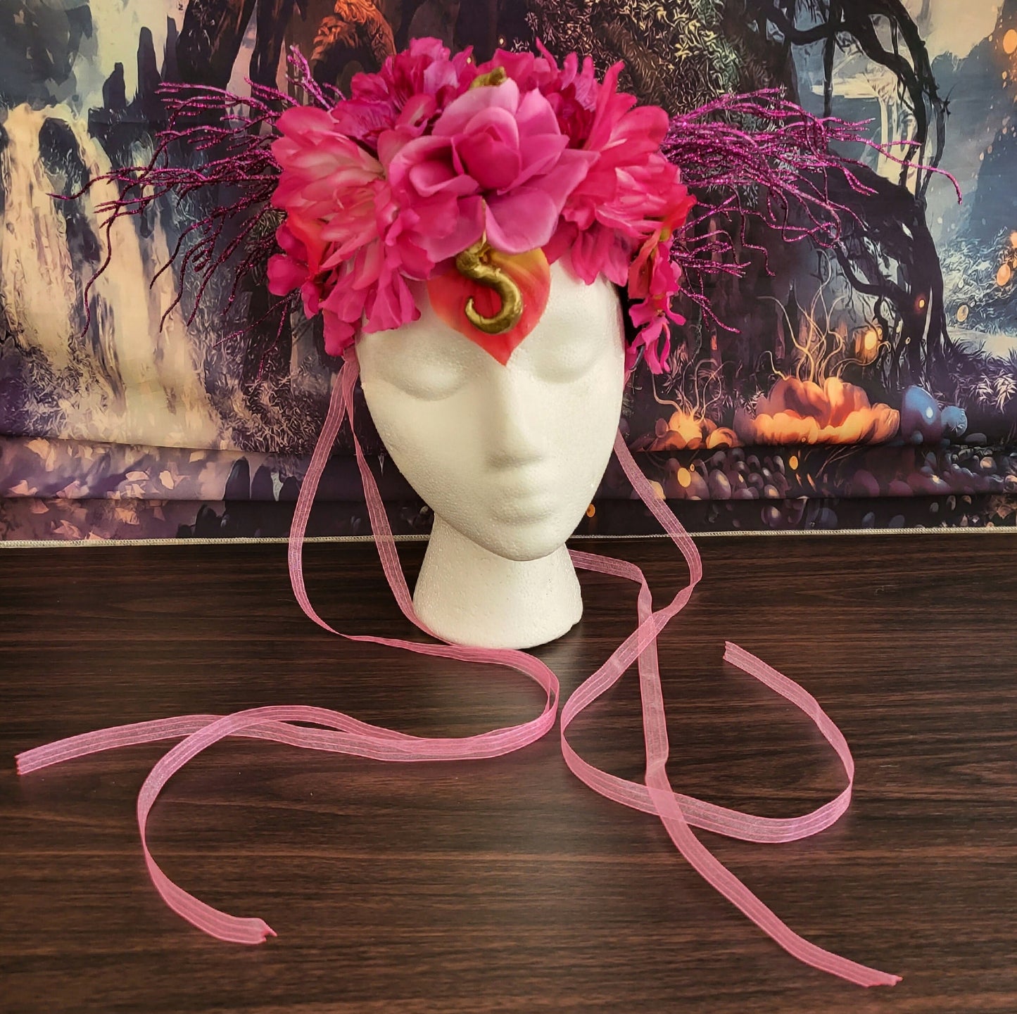 Unicorn Queen Headdress Hot Pink Flower Crown Gold Dragon Horns Fantasy Cosplay Headpiece Festival Costume Fairycore Faerie Accessories