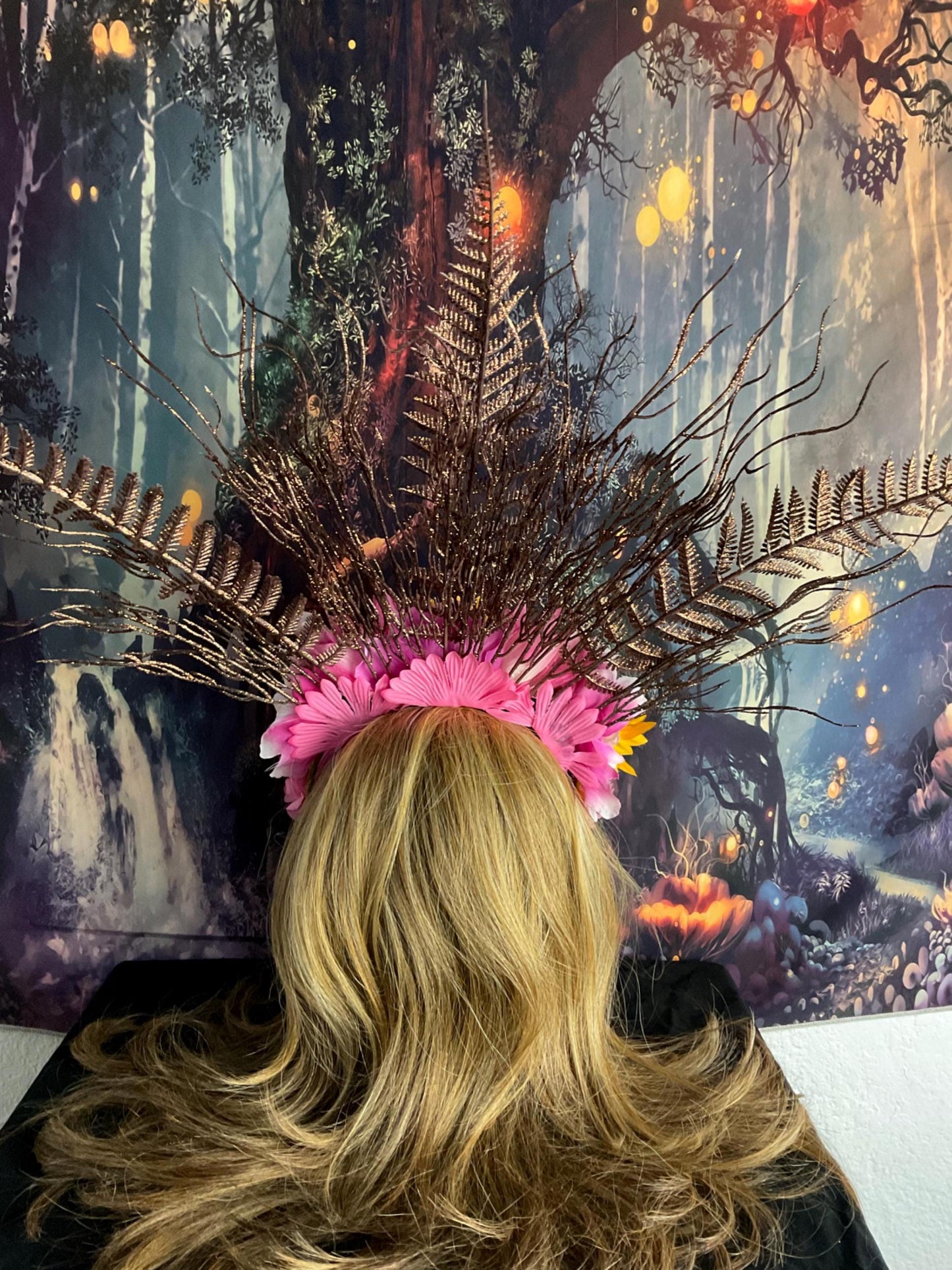 Mother Gaia Headdress Sunflower Pink Flower Crown with Ferns Green Leaves Earth Goddess Fairy Headpiece Festival Cosplay Nature Costume
