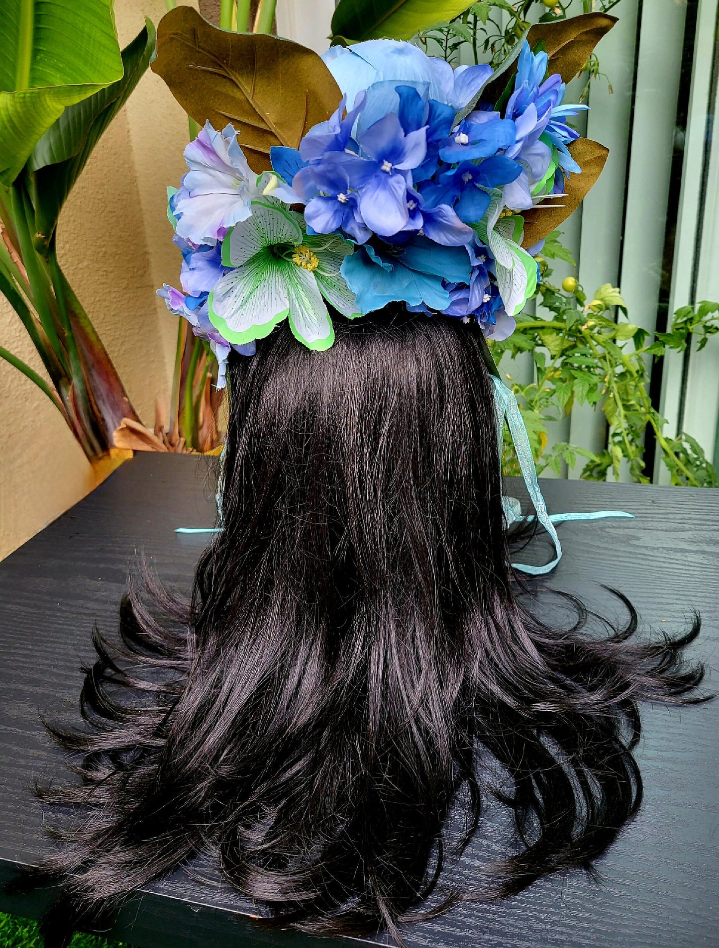Magical Lagoon Headdress Blue Flower Crown Ribbons Green Leaves Enchanted Fairy Headpiece Festival Cosplay Mermaid Faerie Costume Floral