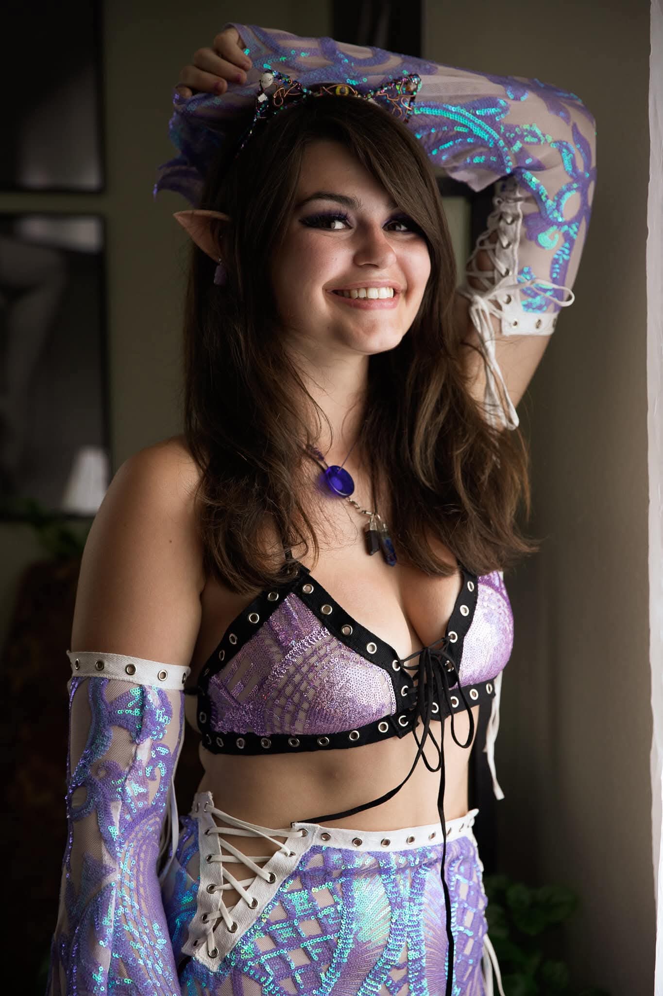 Disco Lemonade / Vanishing Fae Lavender Purple White Detailing Holographic Bell Sleeves Arm Warmers Lace-Up Sequin Fairy Festival Gloves