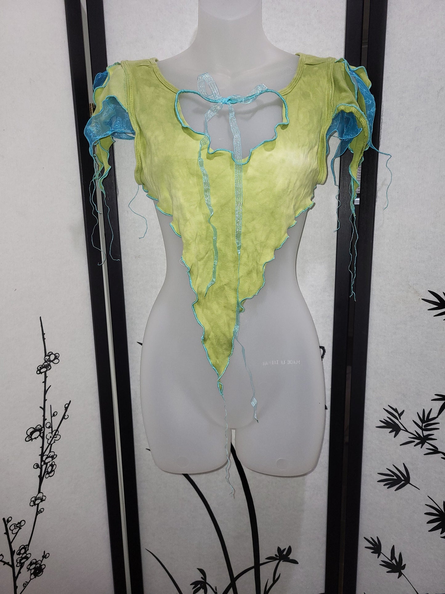 Lagoon Pixie Top Fairy Ribbon Tie Blouse Tendril Sleeves Lightweight Pointed Hem Crop Top Open Back Fantasy Festival Costume Clothing Shirt