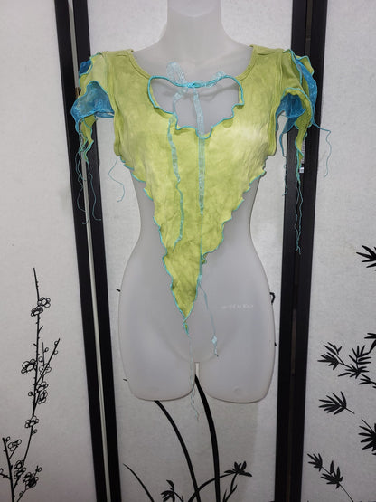 Lagoon Pixie Top Fairy Ribbon Tie Blouse Tendril Sleeves Lightweight Pointed Hem Crop Top Open Back Fantasy Festival Costume Clothing Shirt