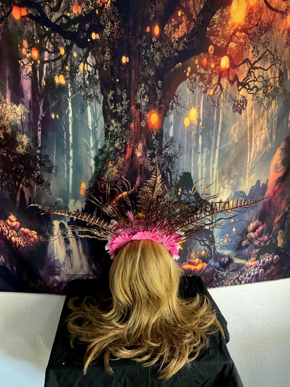 Mother Gaia Headdress Sunflower Pink Flower Crown with Ferns Green Leaves Earth Goddess Fairy Headpiece Festival Cosplay Nature Costume