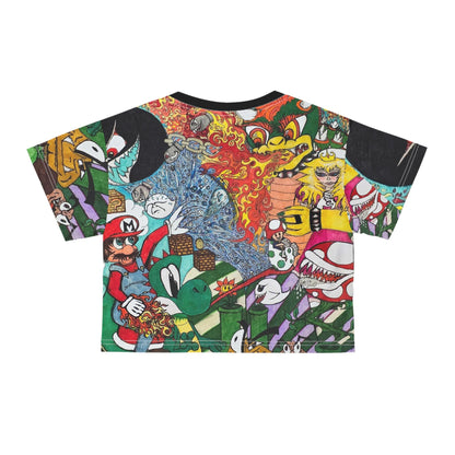 Hand Drawn Retro Mario Game Mashup Crop Tee Top Trippy Festival Gift Videogame All-Over Print