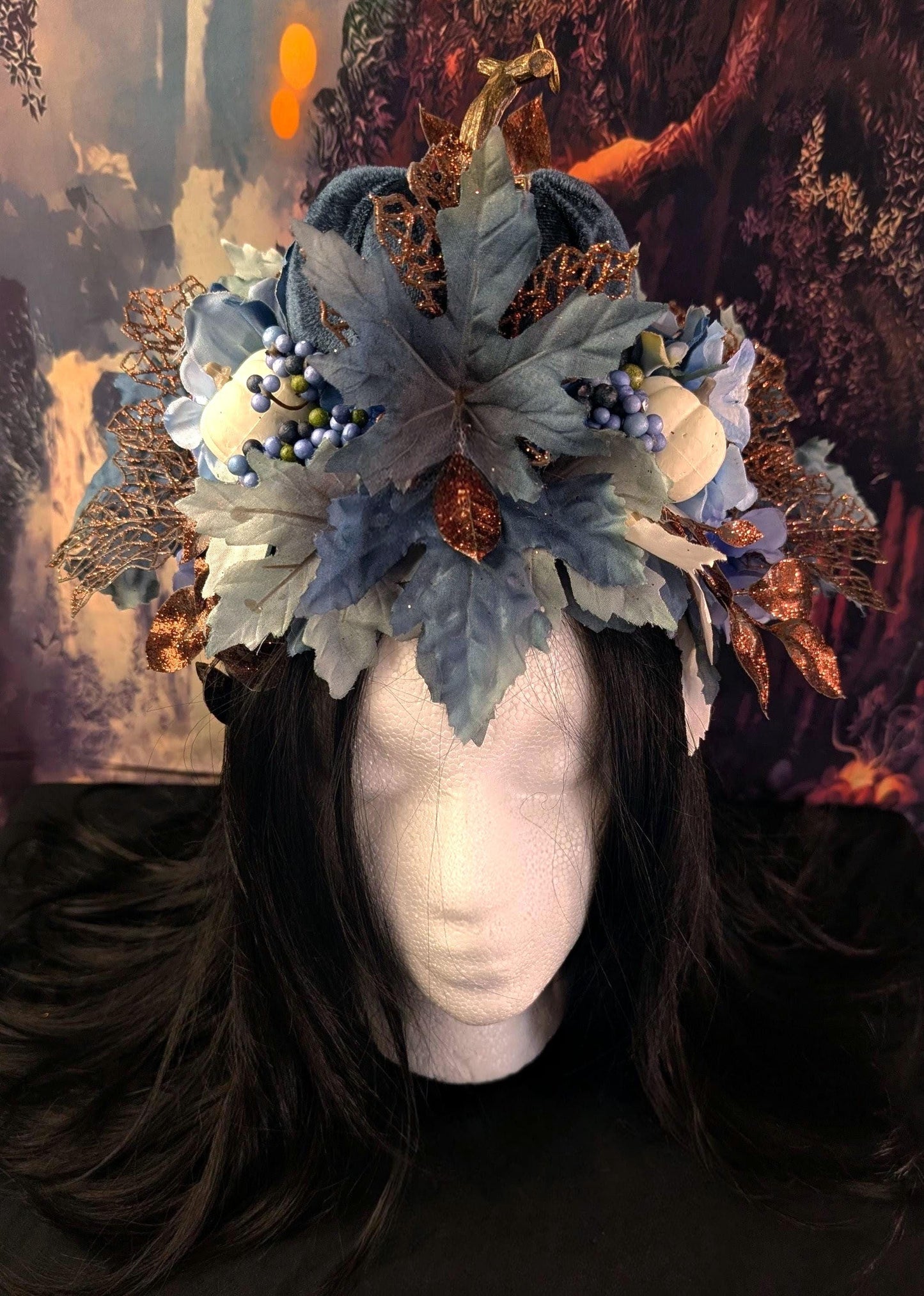 Blue Pumpkin Princess Queen Headdress Fantasy Halloween Crown Maple Leaf Headpiece Autumn Wedding Tiara Fairy Costume Fall Bride Bridal