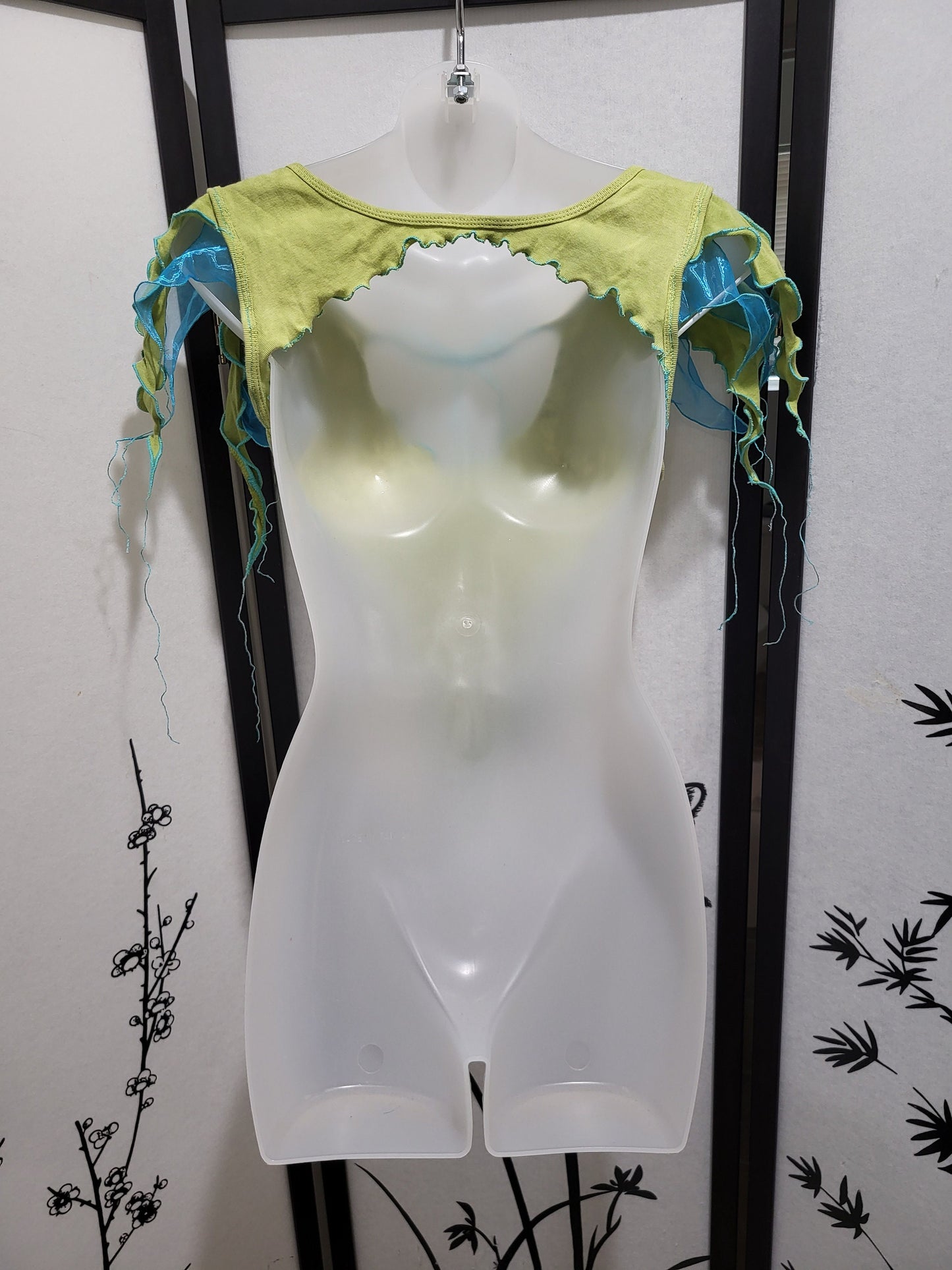 Lagoon Pixie Top Fairy Ribbon Tie Blouse Tendril Sleeves Lightweight Pointed Hem Crop Top Open Back Fantasy Festival Costume Clothing Shirt