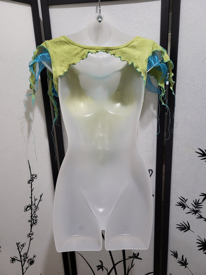 Lagoon Pixie Top Fairy Ribbon Tie Blouse Tendril Sleeves Lightweight Pointed Hem Crop Top Open Back Fantasy Festival Costume Clothing Shirt