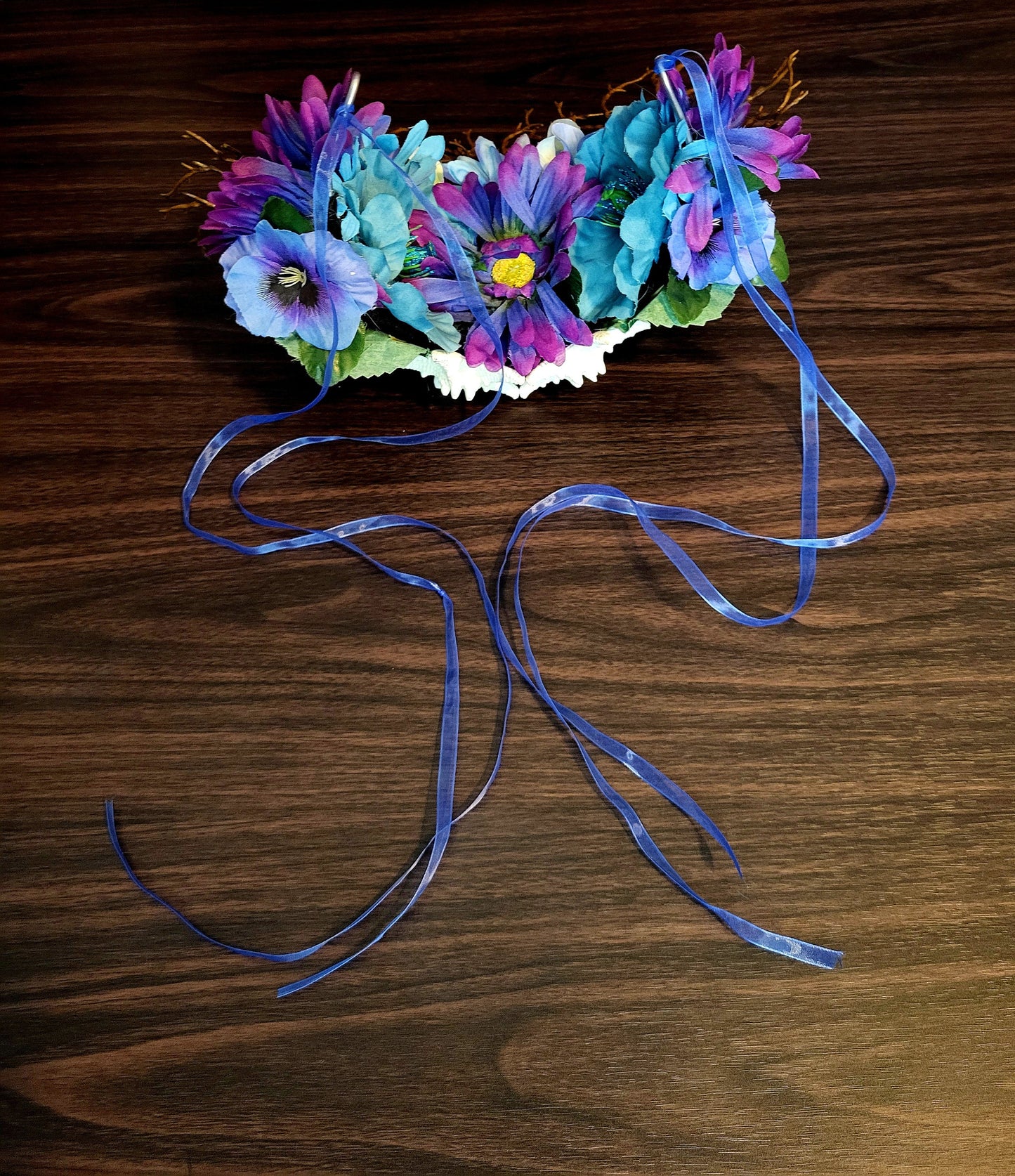 Siren of Oregon Crown Blue Green Nature Seashell Stone Flower Branch Headdress Blue Ribbon Tie Three Blue Horns Fantasy Festival Cosplay