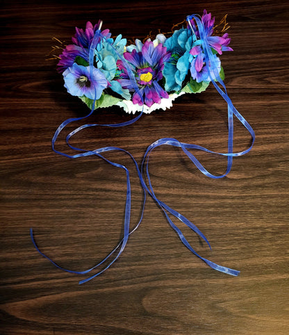 Siren of Oregon Crown Blue Green Nature Seashell Stone Flower Branch Headdress Blue Ribbon Tie Three Blue Horns Fantasy Festival Cosplay