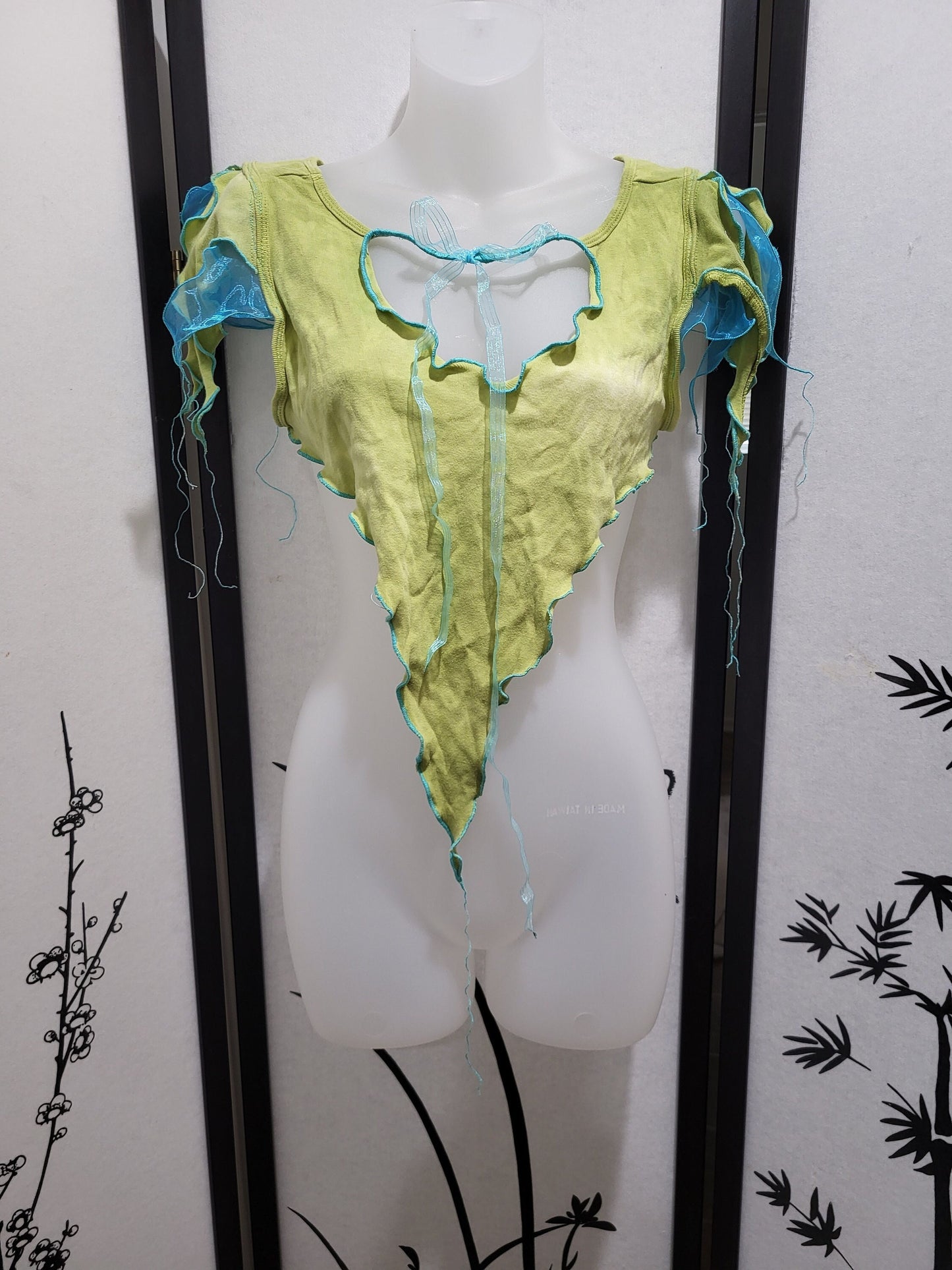 Lagoon Pixie Top Fairy Ribbon Tie Blouse Tendril Sleeves Lightweight Pointed Hem Crop Top Open Back Fantasy Festival Costume Clothing Shirt