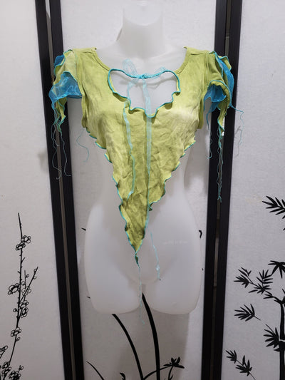 Lagoon Pixie Top Fairy Ribbon Tie Blouse Tendril Sleeves Lightweight Pointed Hem Crop Top Open Back Fantasy Festival Costume Clothing Shirt