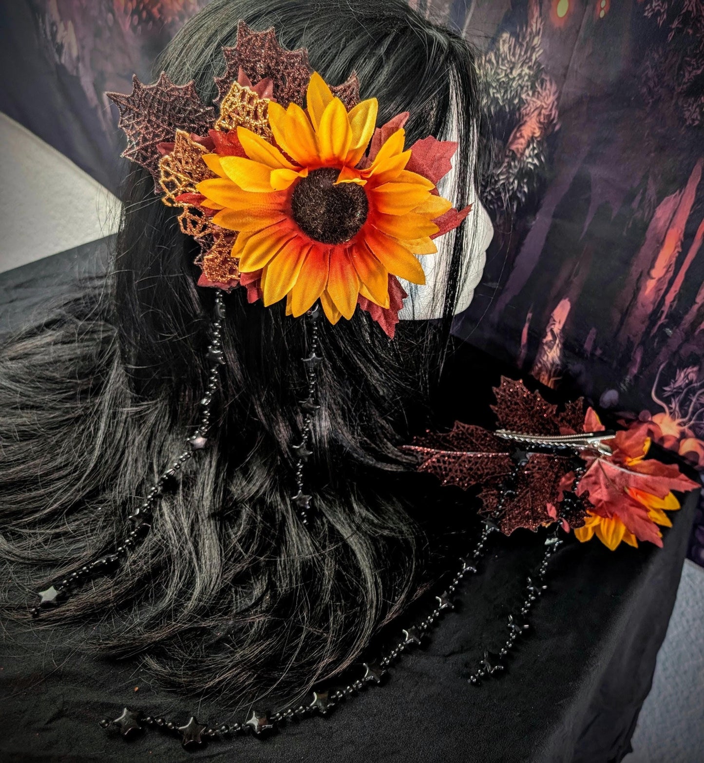 Autumn Hair Clips Two Identical Fall Leaves Sunflower Headpiece Headdress Wedding Ball Fantasy Costume