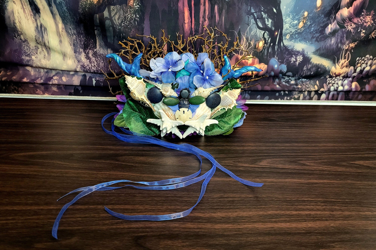 Siren of Oregon Crown Blue Green Nature Seashell Stone Flower Branch Headdress Blue Ribbon Tie Three Blue Horns Fantasy Festival Cosplay