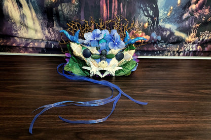 Siren of Oregon Crown Blue Green Nature Seashell Stone Flower Branch Headdress Blue Ribbon Tie Three Blue Horns Fantasy Festival Cosplay