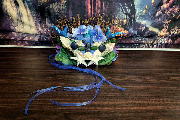 Siren of Oregon Crown Blue Green Nature Seashell Stone Flower Branch Headdress Blue Ribbon Tie Three Blue Horns Fantasy Festival Cosplay