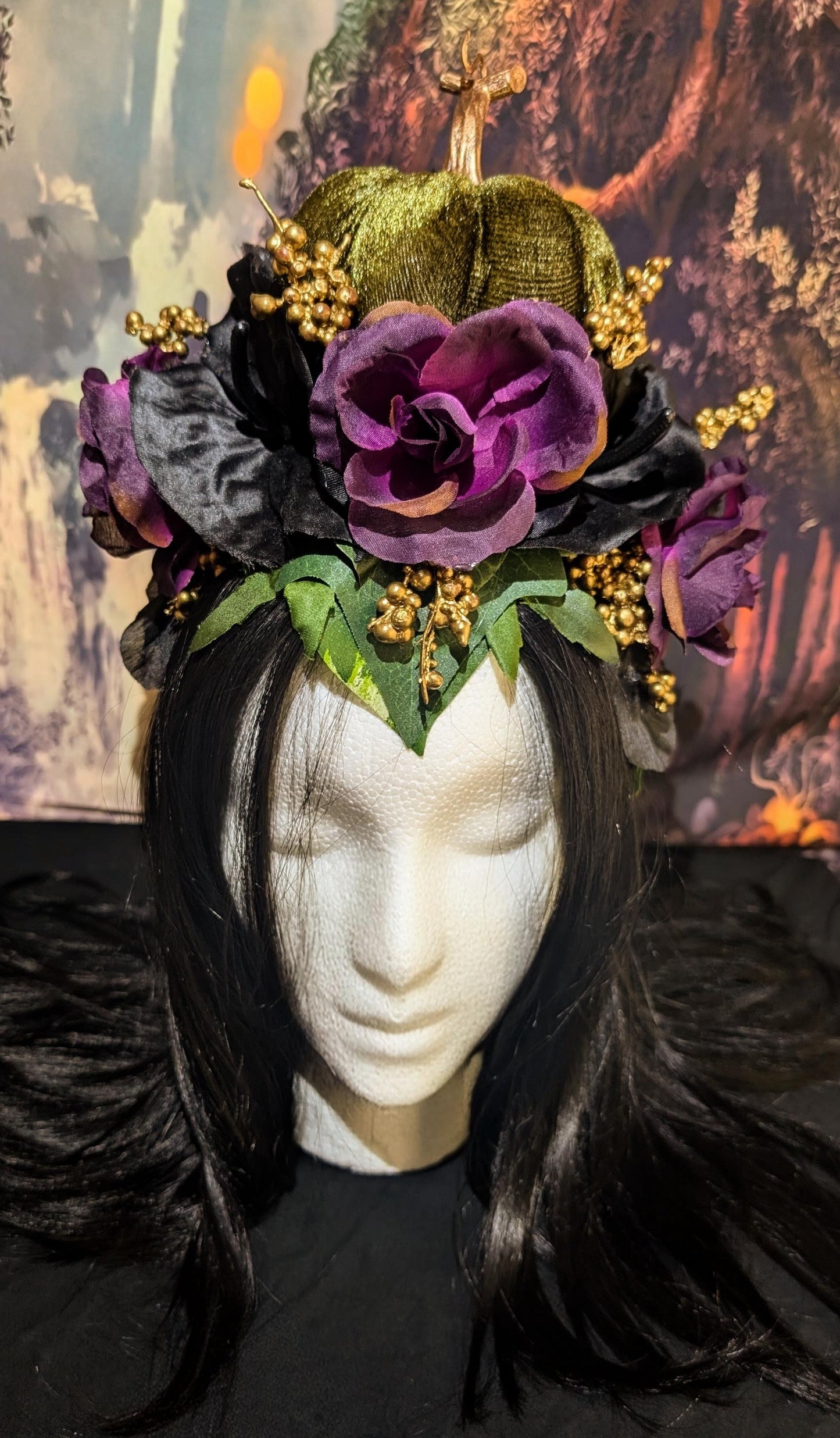 Nightshade Green Pumpkin Headdress Violet Rose Gold Berry Crown Autumn Faerie Headpiece Fall Harvest Wedding Hair Accessory Woodland Leaves