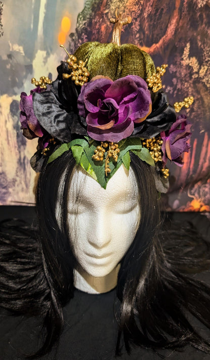Nightshade Green Pumpkin Headdress Violet Rose Gold Berry Crown Autumn Faerie Headpiece Fall Harvest Wedding Hair Accessory Woodland Leaves