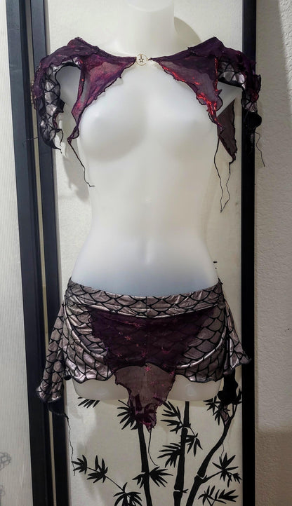 Witch Faerie Stars Moon Corset Lingerie Purple Red Mesh Star Print Sheer Overlay Dragon Scales Skirt Tendril Sleeves Fingerless Gloves Fairy