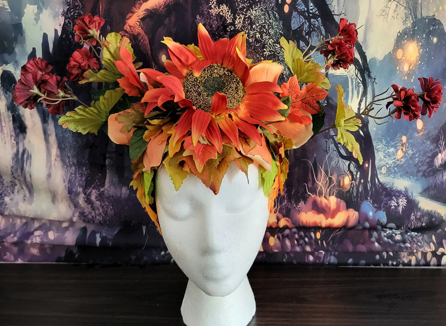 Goddess of Autumn Reversible Crown Fall Flower Crown Sunflower Orange Red Flowers Green Leaf Headdress Festival Cosplay Headpiece