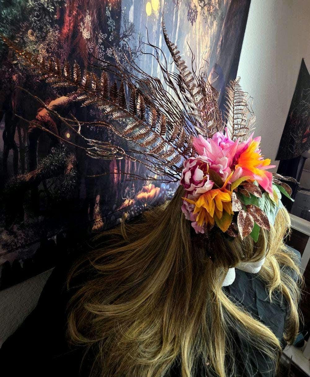 Mother Gaia Headdress Sunflower Pink Flower Crown with Ferns Green Leaves Earth Goddess Fairy Headpiece Festival Cosplay Nature Costume