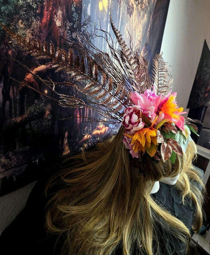 Mother Gaia Headdress Sunflower Pink Flower Crown with Ferns Green Leaves Earth Goddess Fairy Headpiece Festival Cosplay Nature Costume