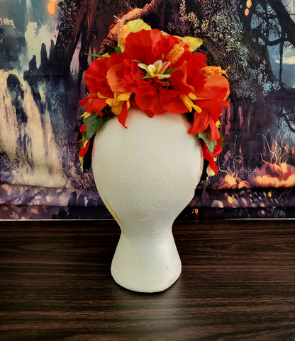 Reversible Fiesta Dia De Los Muertos Headdress Red Hibiscus Yellow Flower Crown Green Leaves Lily Festival Costume Headpiece