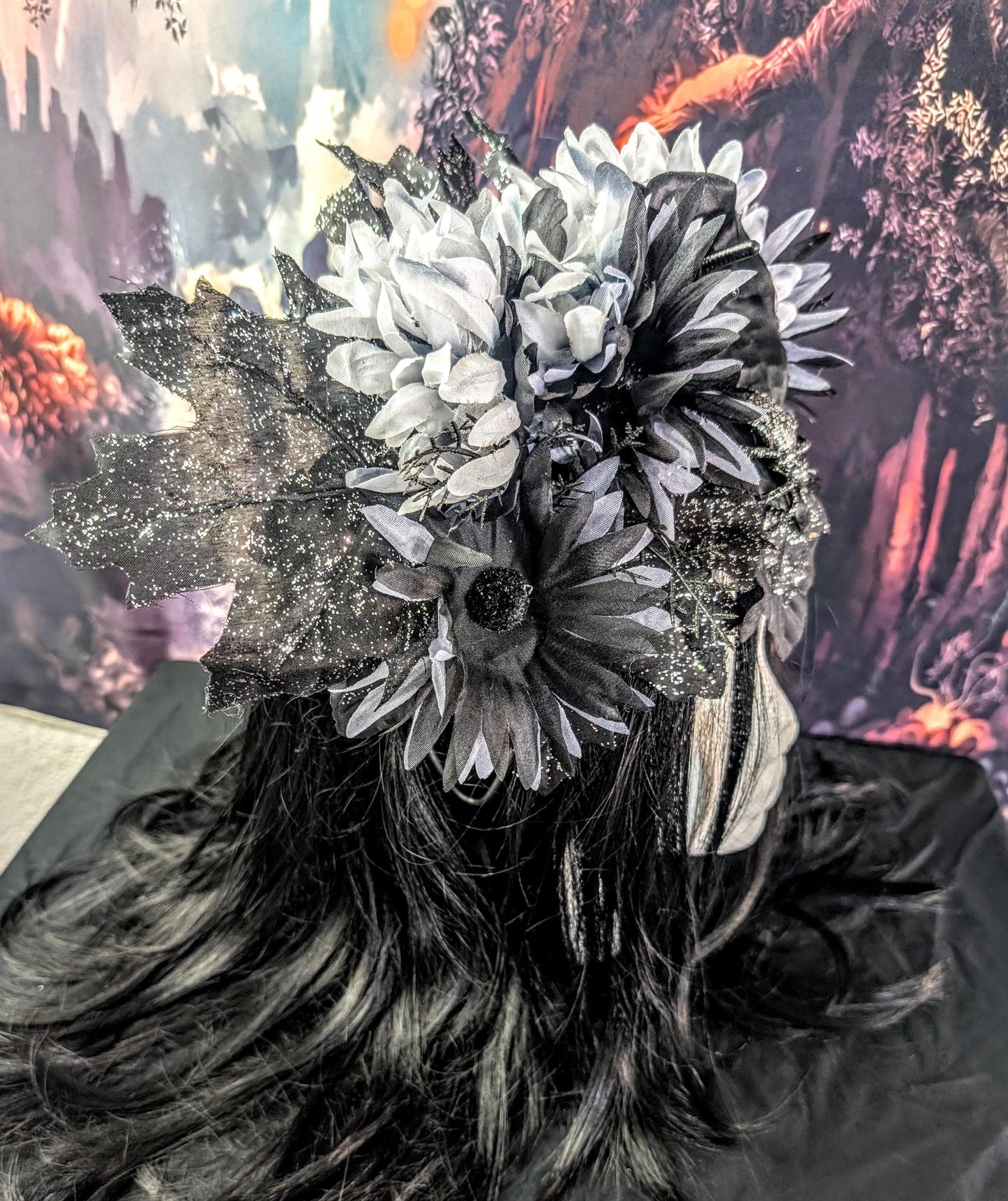Spider Queen Ghostly Floral Headdress Sparkly Black Maple Leaves Silver Crown Gothic Witch Costume Headpiece Black White Gray Flowers
