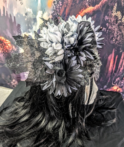Spider Queen Ghostly Floral Headdress Sparkly Black Maple Leaves Silver Crown Gothic Witch Costume Headpiece Black White Gray Flowers