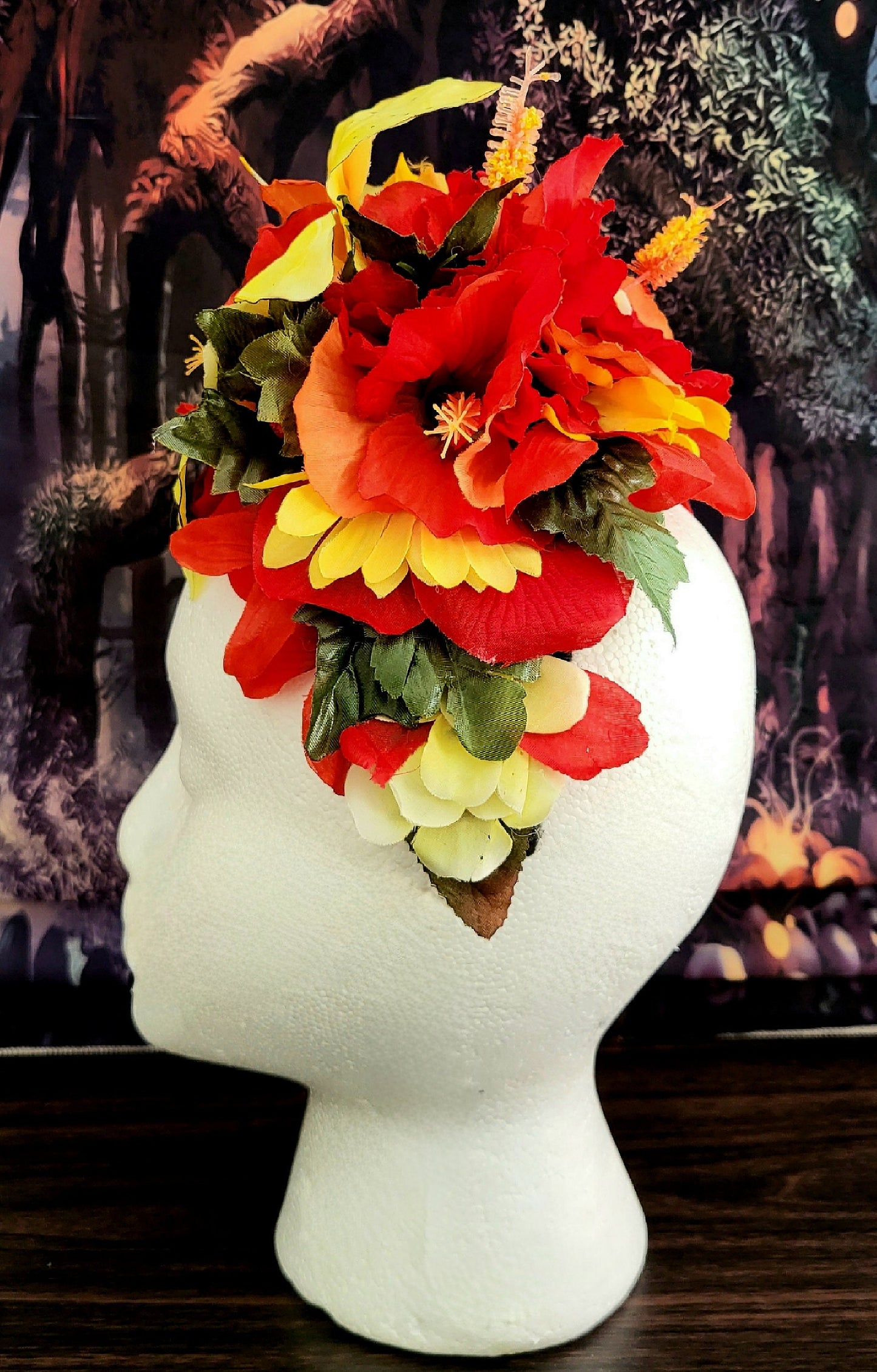 Reversible Fiesta Dia De Los Muertos Headdress Red Hibiscus Yellow Flower Crown Green Leaves Lily Festival Costume Headpiece