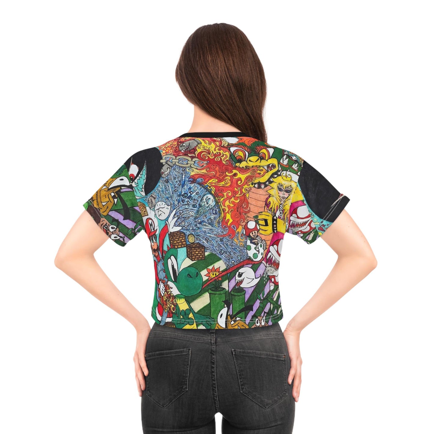 Hand Drawn Retro Mario Game Mashup Crop Tee Top Trippy Festival Gift Videogame All-Over Print