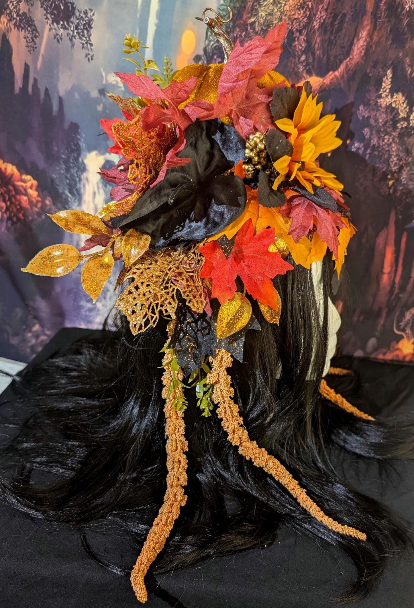 Fall Pumpkin Queen Headdress Sunflower Maple Leaf Crown Autumn Festival Headpiece Halloween Harvest Costume Faerie Fantasy Wedding