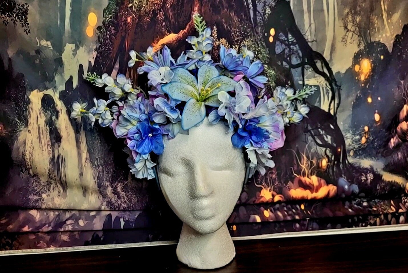 Fairy Queen Headdress Blue Purple Flower Crown with Lilies Fantasy Blossoms Enchanted Faerie Headpiece Festival Cosplay Costume Accessory