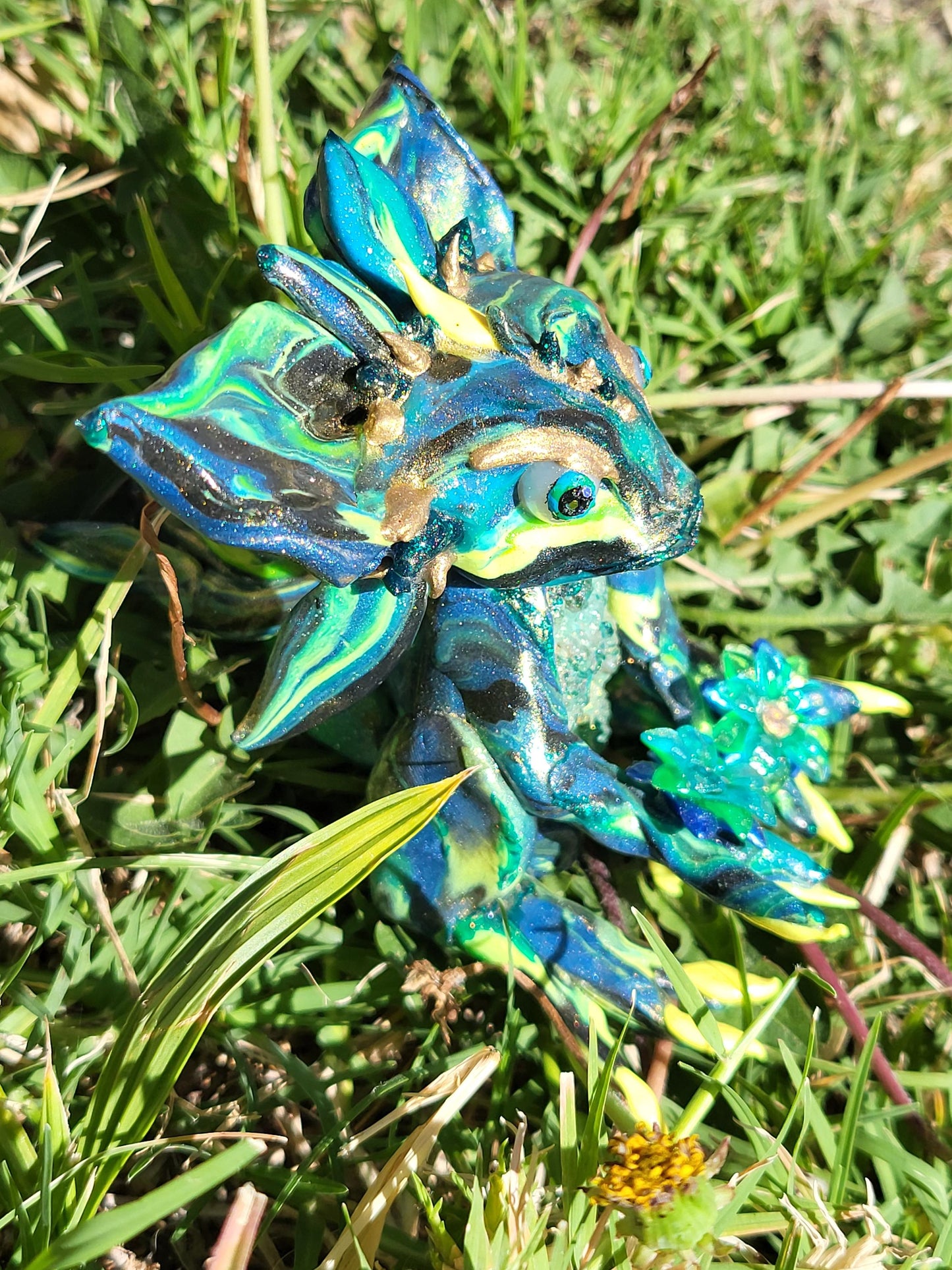Chrysocolla Malachite Dragon Sculpture  One of a Kind Green Blue Yellow Crystal Dragon Statue Handmade Fantasy Figurine Holding Flowers Gift