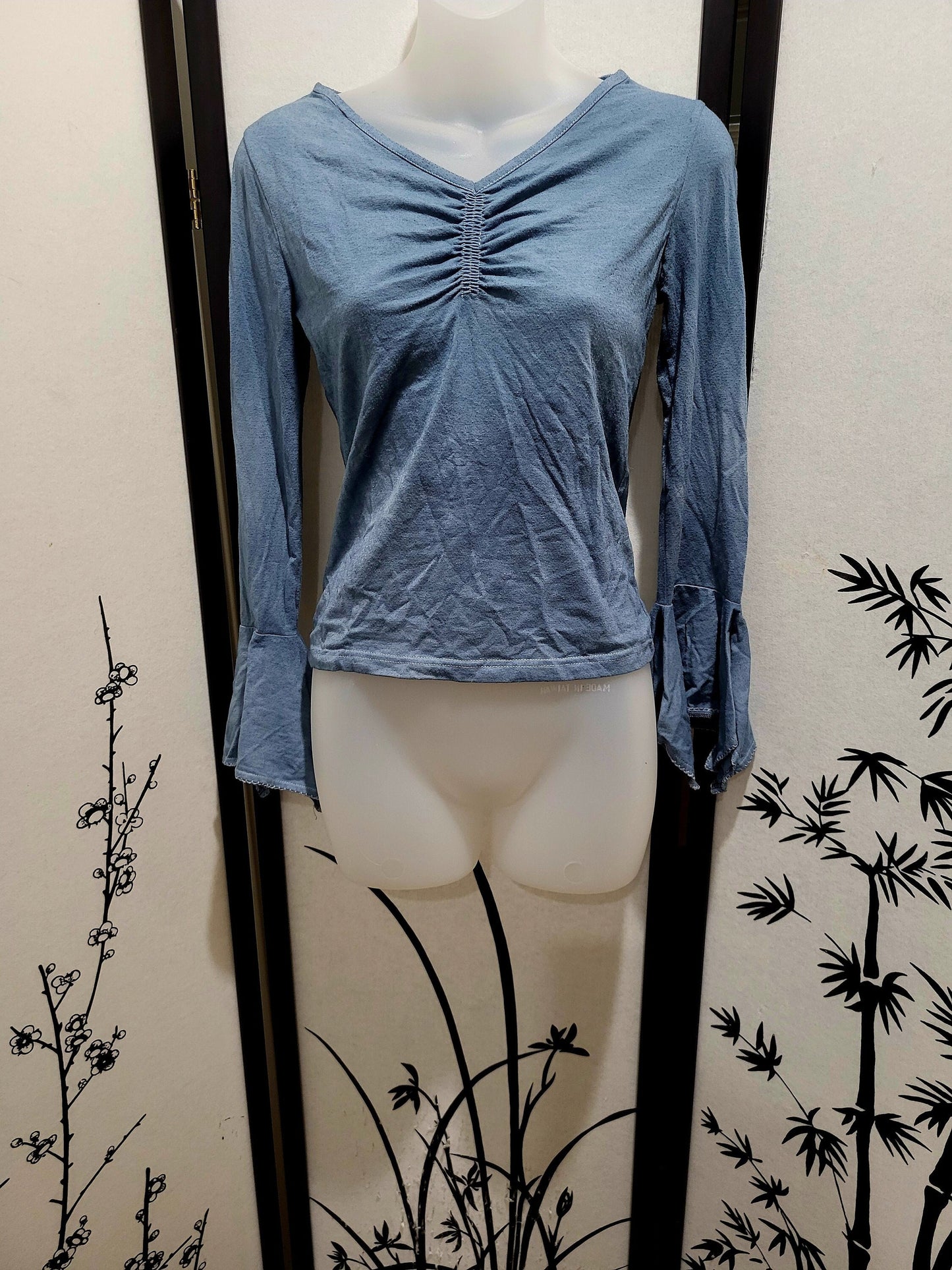 Periwinkle Pirate Top Long Sleeve Blue Shirt V Neck Gathered Neckline Fitted Silhouette Bell Sleeve Renaissance Festival Costume Blouse
