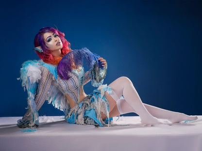 Sky Air Fairy Original Costume Blue White Outfit Tendril Skirt Shirt Corset Ribbon Front Long Bell Ruffle Sleeve Blue Feather Angel Wings