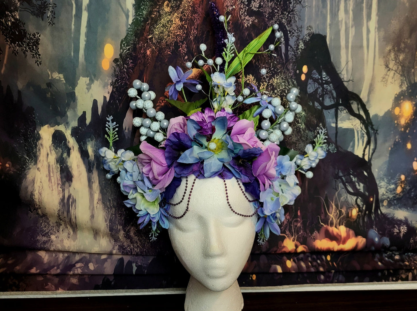 Faerie Goddess Headdress Floral Crown Purple Blue White Flower Headpiece Fantasy Fairy Headband Bubbles Festival Wedding Cosplay Costume